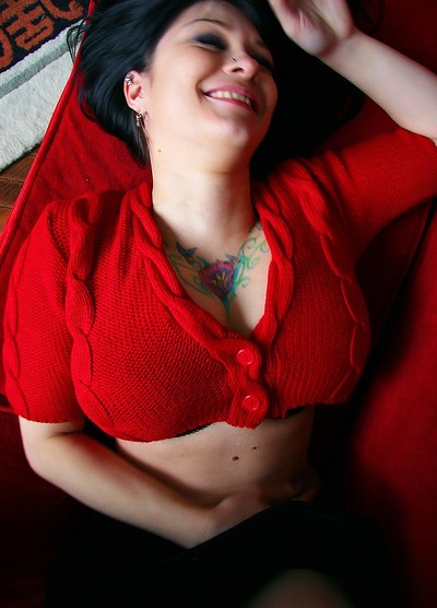 Jennique in Bra On The Red Couch from Cosmid