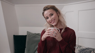 Irresistible blonde Cara Mell enjoys her cup of tea and displaying her yummy twat and slim figure