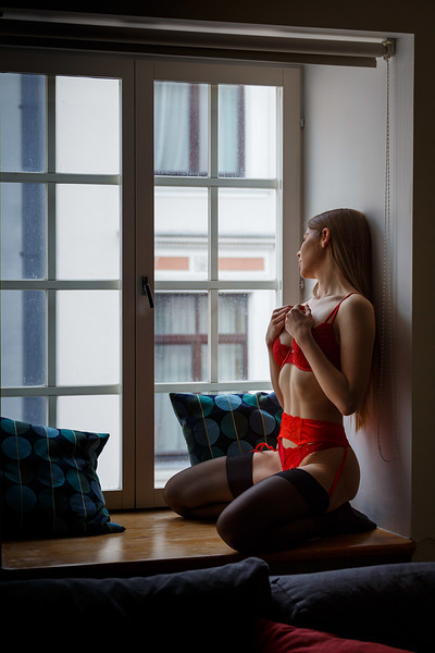 Evelina in On the window in red lingerie from Charm Models