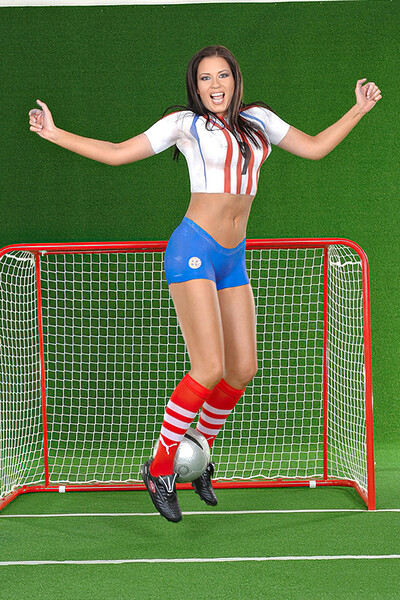 Naughty soccer chick posing with painted on uniform