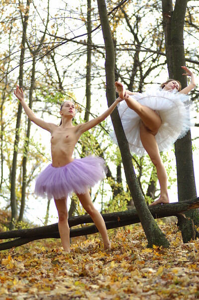 Flamboyant ballerinas celebrating autumn topless in a lush forest