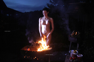 Top class Nastia B shows off amazing boobs and sensually poses naked by the fire