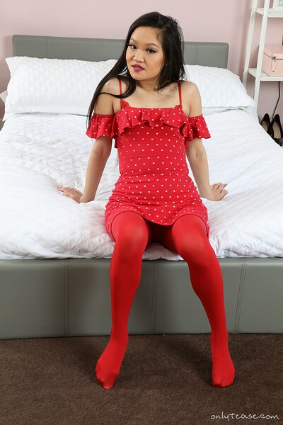 Louisa Lu in Little Red Minidress And Pantyhose from Only Tease
