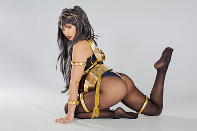 Cosplaying adult model displays her marvelous curves in costume before impaling herself to a rock-hard tool