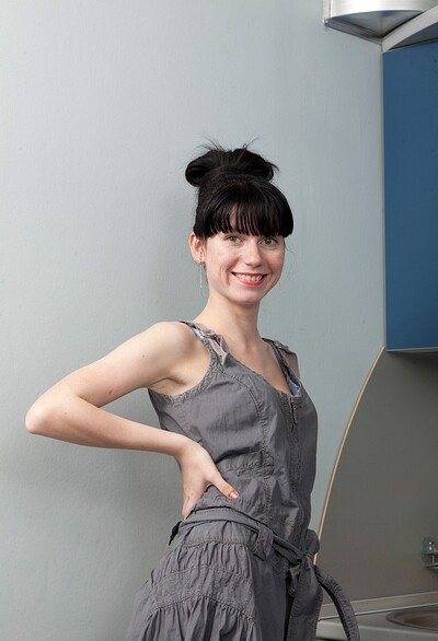 Bonya in Stripping in the kitchen with sheer grey stockings from We Are Hairy