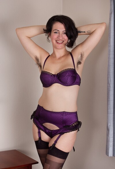 Sadie Lune in Hairy girl Sadie Lune strips in purple lingerie from We Are Hairy