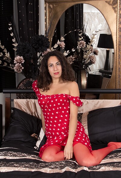 Liz in Liz strips naked in her red stockings and red dress from We Are Hairy