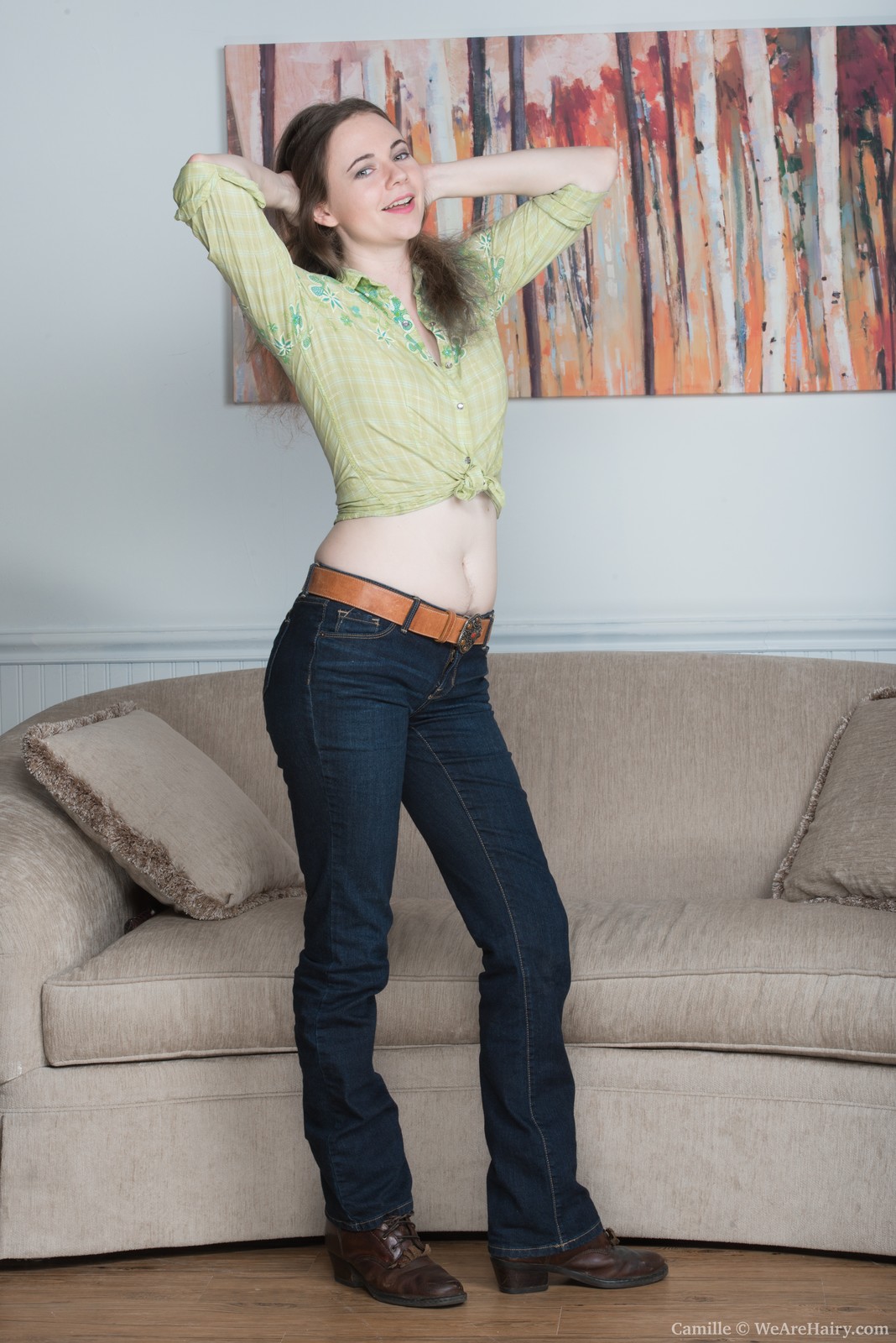 Camille in We Are Hairy set Camille strips and shows hairy body on couch
