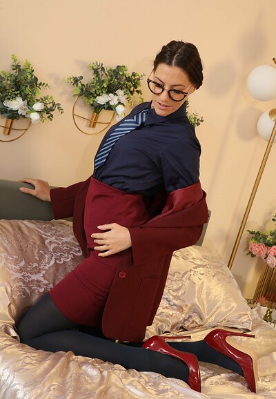 Becky X in Knee Length Skirt Heels Stockings from Only Opaques