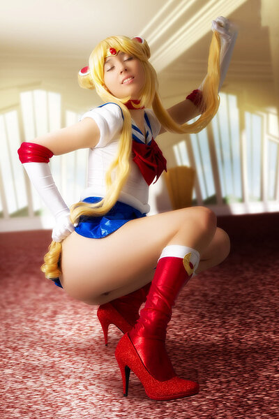 Playful Stacy looks sweet while baring her hairless crotch and posing dressed as a Sailor Moon