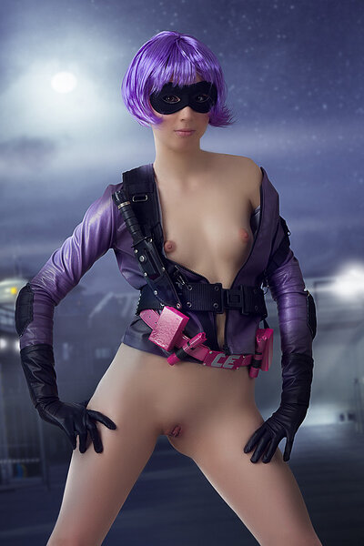 Sweet Stacy reveals her muff and tiny breasts while cosplaying Hit-Girl from the comics Kick-Ass