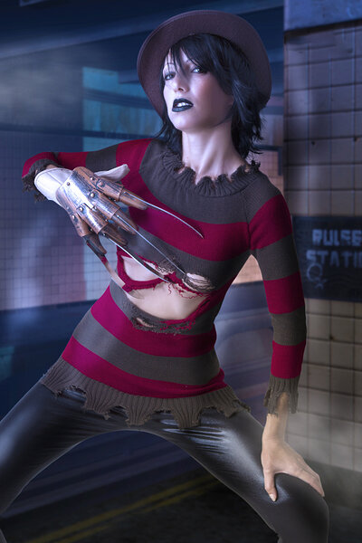 Amazing Angela rips her sweater to show off her torso while cosplaying as a special female version of Freddy Krueger