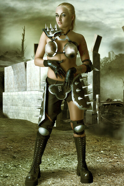 Smoking hot Kayla exhibits her inked body while wearing a costume of Raider from Fallout