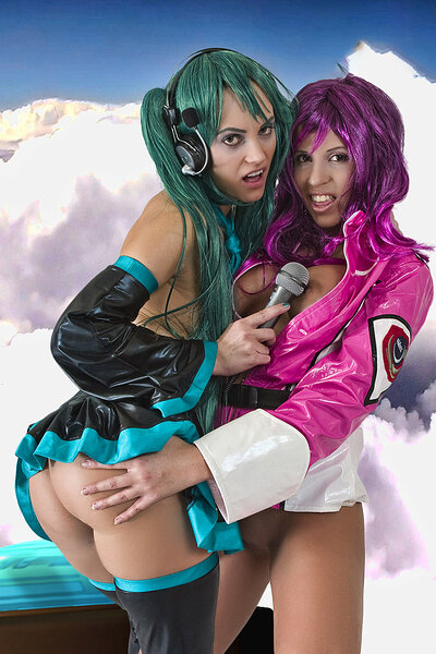 Outstanding and nubile hotties cosplaying as anime girls as they strip each other and expose their natural gifted boobs