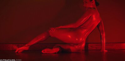 Enchanting Sybil gently playing with her shaved punani while enthrallingly exhbiting her sexy lubed figure