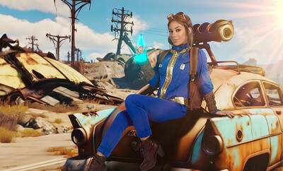 Hot chick XxLayna Marie is dressed up as Lucy from Fallout, giving head and getting fucked by her boyfriend before they both cum.