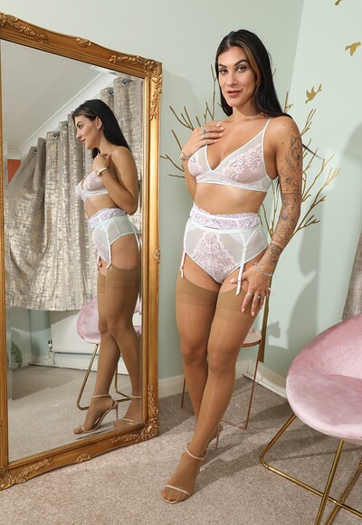 Roxy Mendez in White Bra Panties Beige Stockings from Art Lingerie