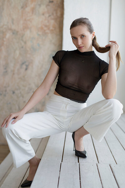 Czech stunners Stacy Cruz flaunts her killer curves in classy pants n' transparent blouse, wailing pair of skyscraping black stilettos, alluringly striking sexy poses.