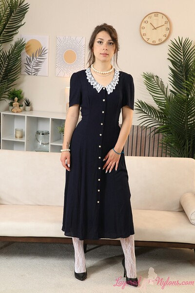 Gia in Long Dress Patterned Stockings Beige Pantyhose from Layered Nylons