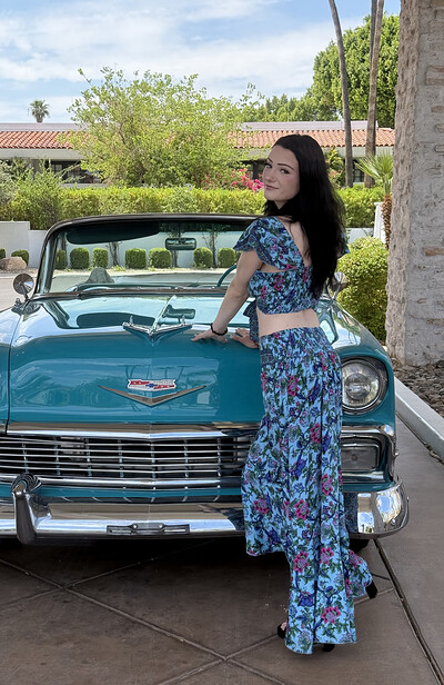 Mercedes flashes her curves and masturbates in a public toilet while posing in a long, colorful skirt and matching top.