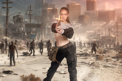 In her cosplay, the fearless babe fights off zombies before she eagerly sucks her lover's dick and rides it hard.