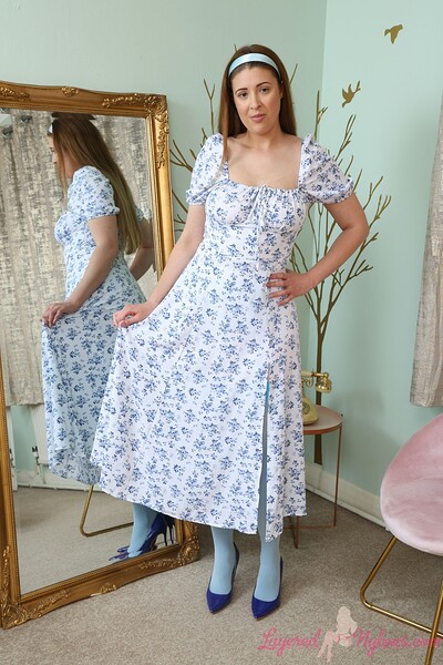 Miss C in Summer Dress Pantyhose Blue Stockings from Layered Nylons