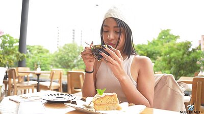 After enjoying her drink and dessert, Effy rushed home to urgently fuck herself with her sex toy.