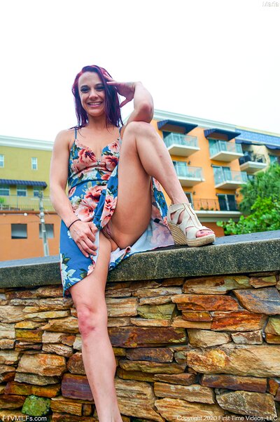 Maria fucks herself with fingers and a wand toy, then flashes her red panties and fingers her wet pussy in public.