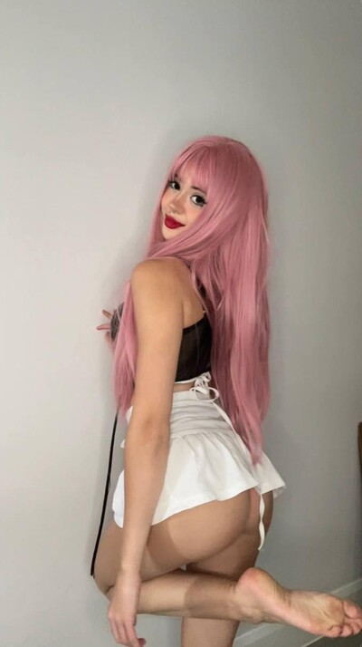 Mimi's pink hair and white skirt tease her bare, round ass, making her feet ache with anticipation.